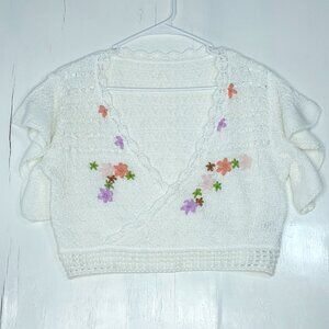 Shein Floral Embroidered White Knit Flutter Sleeve V-Neck Cropped Sweater Boho